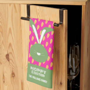 Cute Pink Green Happy Easter Bunny And Carrots Kitchen Towel