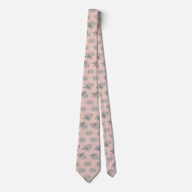 Cute Pink & Green Leaves Pattern Neck Tie (Front)