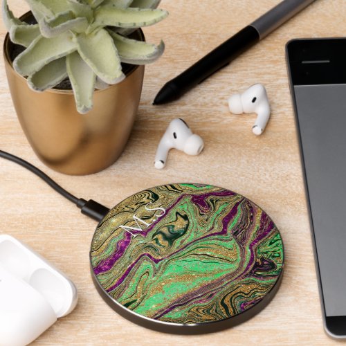 Cute pink green marble art faux Glitter monogram Wireless Charger