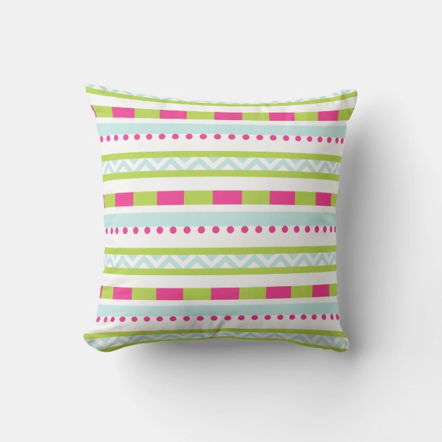 Cute Pink Green Mint Stripes Pattern Throw Pillow (Front)