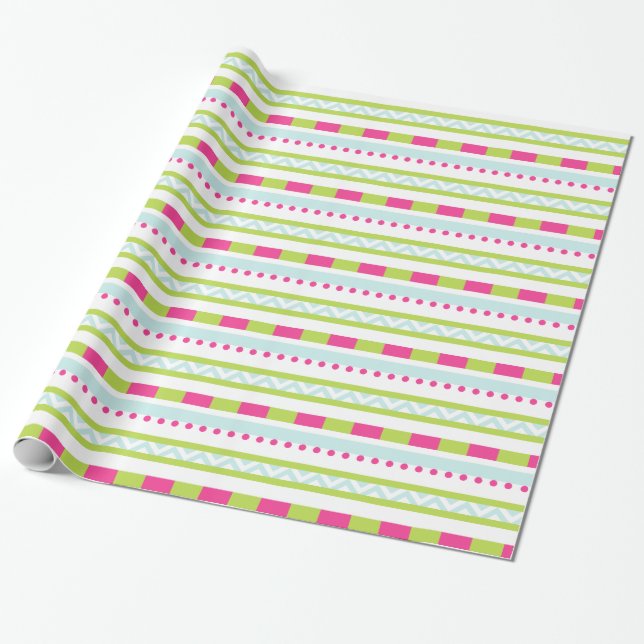 Cute Pink Green Mint Stripes Pattern Wrapping Paper (Unrolled)
