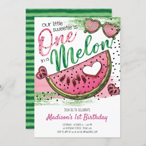 Cute Pink Green One In A Melon 1st Birthday  Invitation