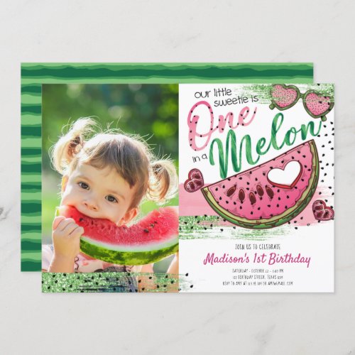 Cute Pink Green One In A Melon Birthday Photo Invitation