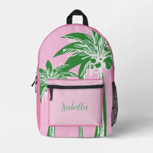 Cute Pink Green Preppy Palm Tree Monogram Name Printed Backpack