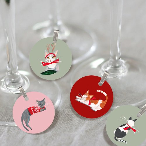Cute pink green red Cat Christmas Holiday Party Wine Charm