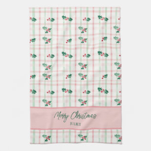Cute Pink Green Retro Christmas Kitchen Towel