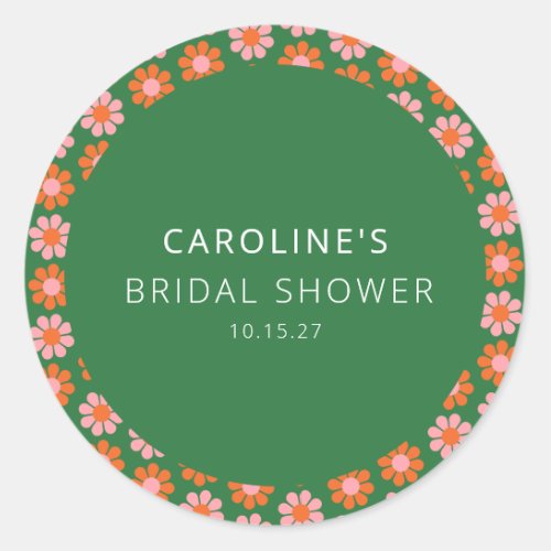 Cute Pink Green Retro Flowers Bridal Shower Custom Classic Round Sticker