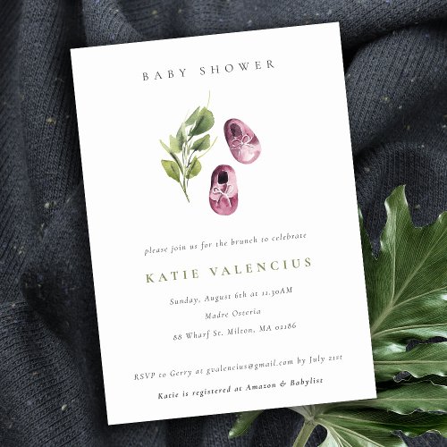 Cute Pink Green Shoes Foliage Girl Baby Shower Invitation