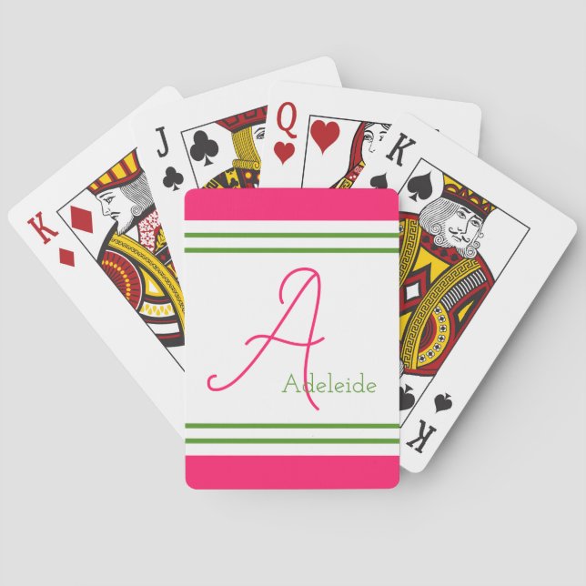 Cute Pink & Green Stripes Personalized Poker Cards (Back)