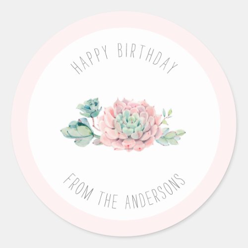 Cute Pink Green Succulents Happy Birthday  Classic Round Sticker