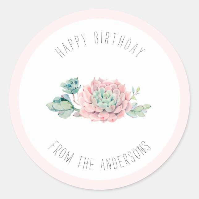 Cute Pink Green Succulents Happy Birthday  Classic Round Sticker (Front)