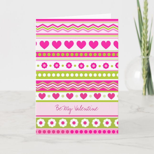 Cute Pink Green Valentine's fabric Greeting Card (Front)