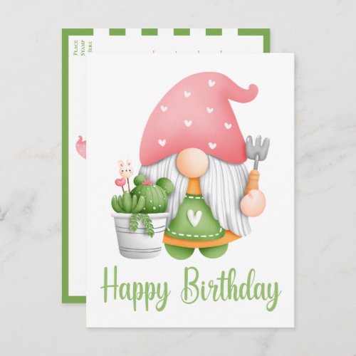 Cute Pink Green Watercolor Cartoon Gnome Birthday Postcard