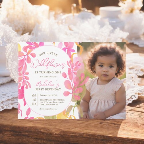 Cute pink green wildflower photo 1st birthday invitation