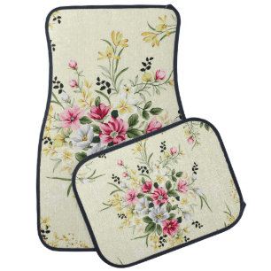 cute pink grey and yellow flowers with green leave car floor mat