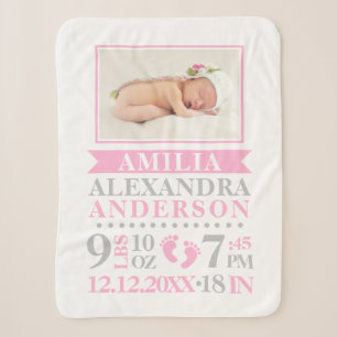 Cute Pink Grey Baby Girl Birth Stats PHOTO Soft Sherpa Blanket