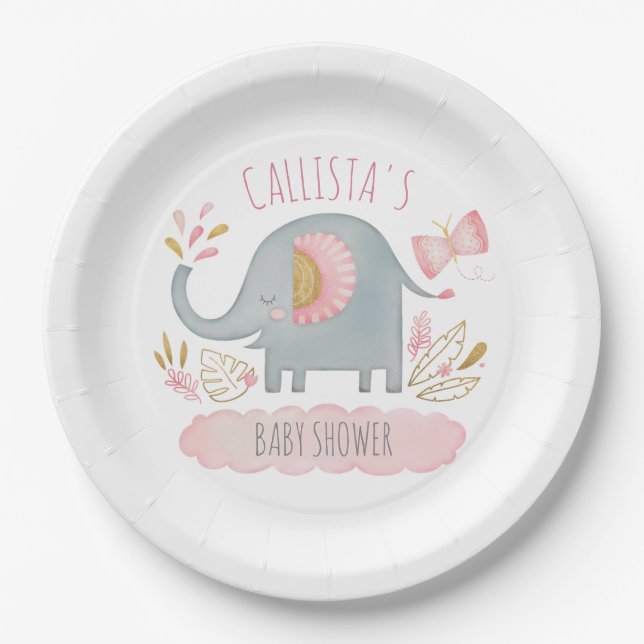 Cute Pink Grey Elephant Girl Baby Shower Paper Plates (Front)