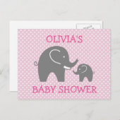 Cute pink grey elephant girl baby shower postcards (Front/Back)