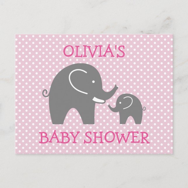 Cute pink grey elephant girl baby shower postcards (Front)