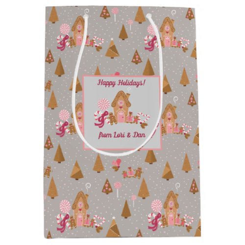 Cute Pink Grey Gingerbread Candy Canes Medium Gift Bag