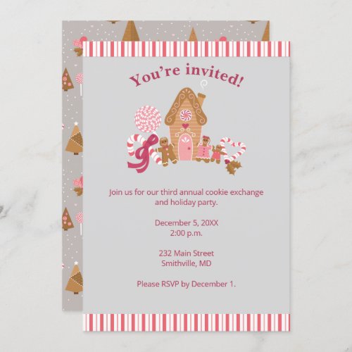 Cute Pink Grey Gingerbread Candy Invitation
