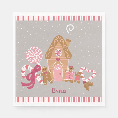 Cute Pink Grey Gingerbread Candy Paper Napkins
