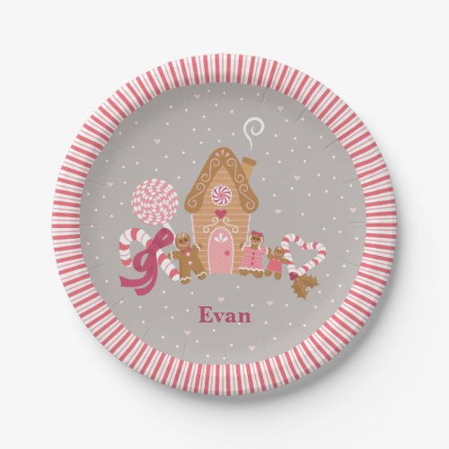 Cute Pink Grey Gingerbread Candy Paper Plates