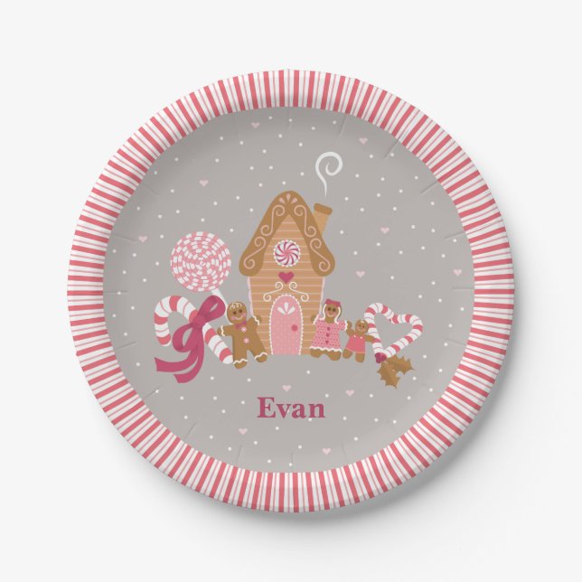 Cute Pink Grey Gingerbread Candy Paper Plates (Front)