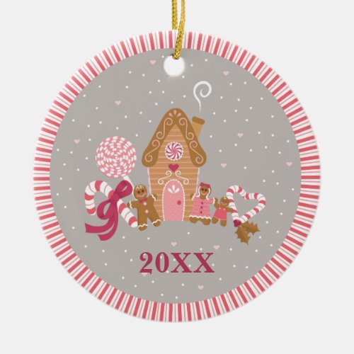 Cute Pink Grey Gingerbread Candy Round Ornament