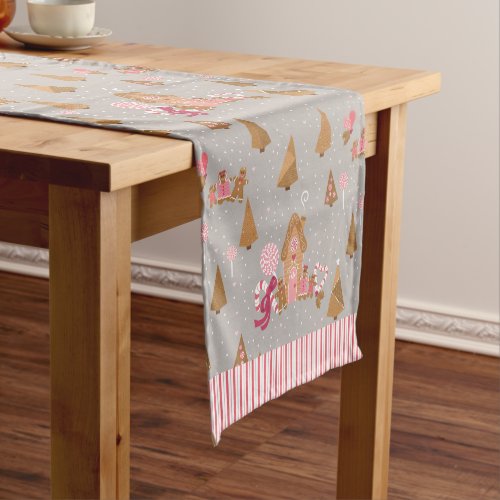 Cute Pink Grey Gingerbread Candy Table Runner