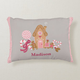 Cute Pink Grey Gingerbread Candy Throw Pillow