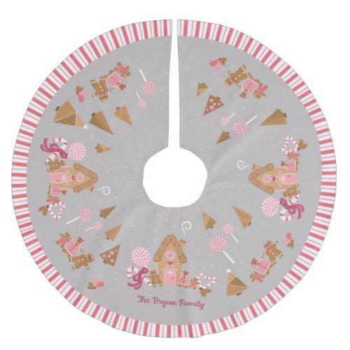 Cute Pink Grey Gingerbread House Candy Cane Brushed Polyester Tree Skirt