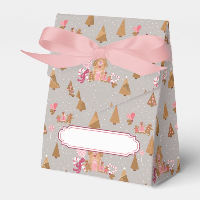 Cute Pink Grey Gingerbread House Candy Cane Favor Boxes (Front Side)