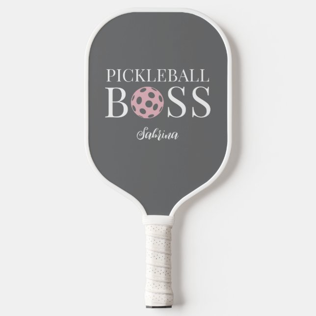 Cute Pink Grey Pickleball Boss  Paddle (Front)
