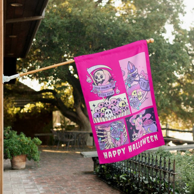 Cute Pink Grim Reaper Halloween House Flag (In SItu)