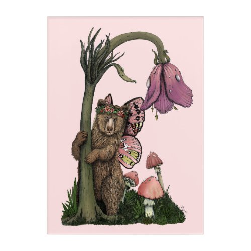 Cute Pink Grizzly Bear Fairy in Enchanted Forest  Acrylic Print