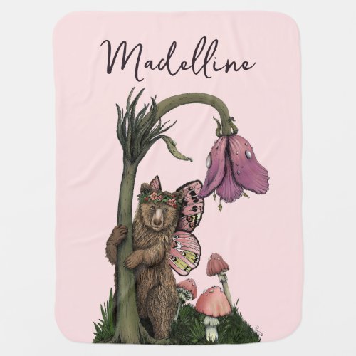Cute Pink Grizzly Bear Fairy in Enchanted Forest  Baby Blanket