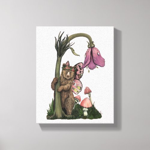 Cute Pink Grizzly Bear Fairy in Enchanted Forest  Canvas Print