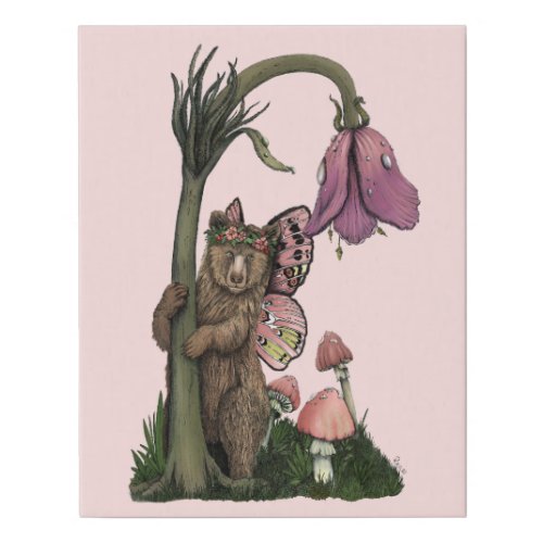 Cute Pink Grizzly Bear Fairy in Enchanted Forest  Faux Canvas Print