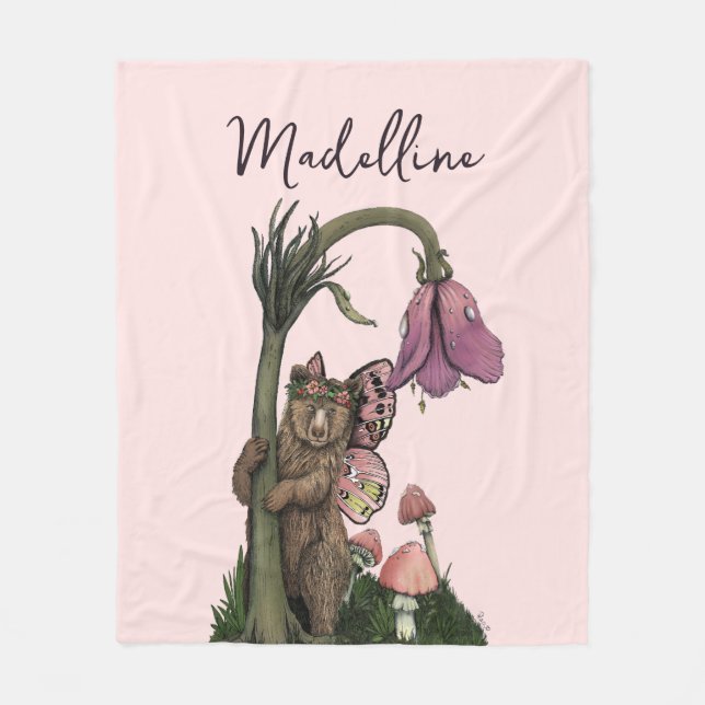 Cute Pink Grizzly Bear Fairy in Enchanted Forest  Fleece Blanket (Front)