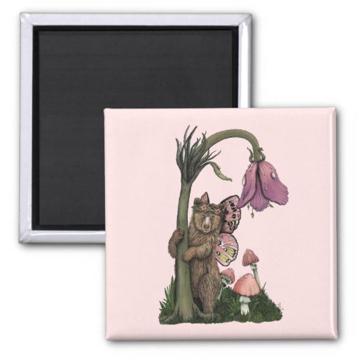Cute Pink Grizzly Bear Fairy in Enchanted Forest  Magnet