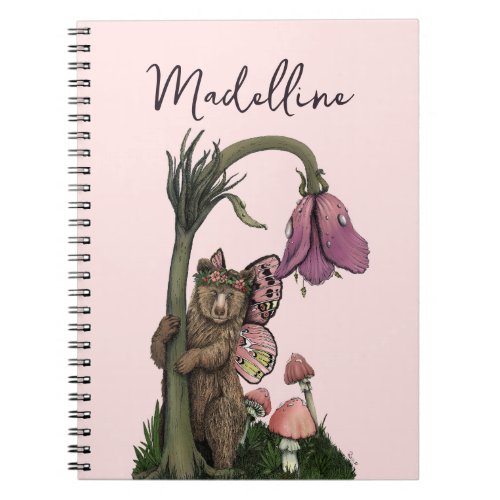 Cute Pink Grizzly Bear Fairy in Enchanted Forest  Notebook