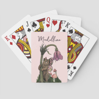 Cute Pink Grizzly Bear Fairy in Enchanted Forest Poker Cards