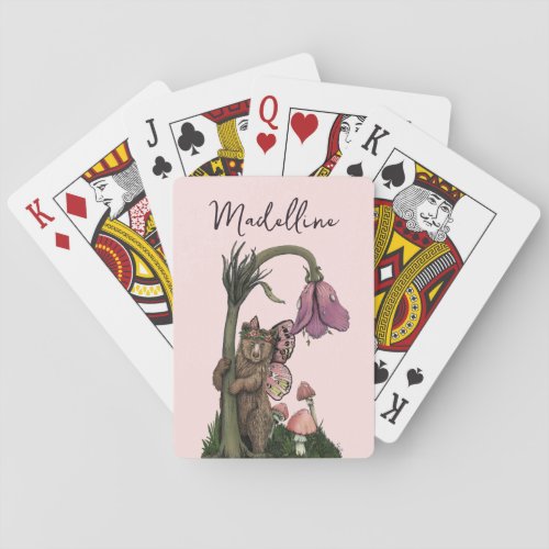 Cute Pink Grizzly Bear Fairy in Enchanted Forest  Poker Cards