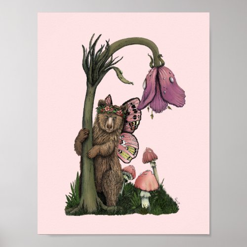Cute Pink Grizzly Bear Fairy in Enchanted Forest  Poster