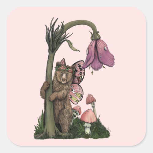 Cute Pink Grizzly Bear Fairy in Enchanted Forest  Square Sticker