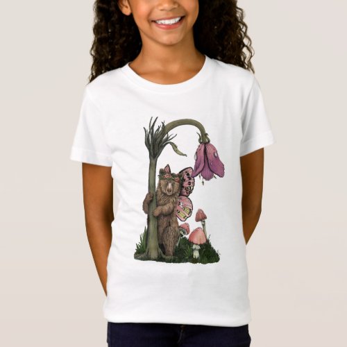 Cute Pink Grizzly Bear Fairy in Enchanted Forest  T_Shirt