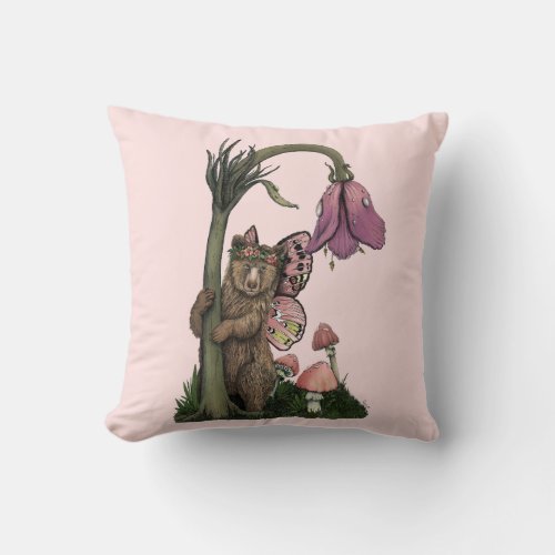 Cute Pink Grizzly Bear Fairy in Enchanted Forest  Throw Pillow