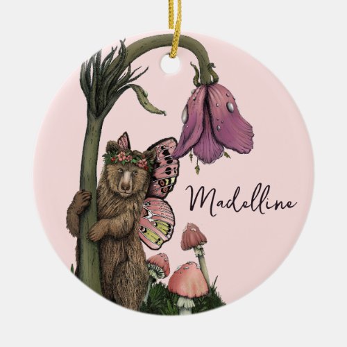 Cute Pink Grizzly Bear Fairy in Woodland Forest Ceramic Ornament