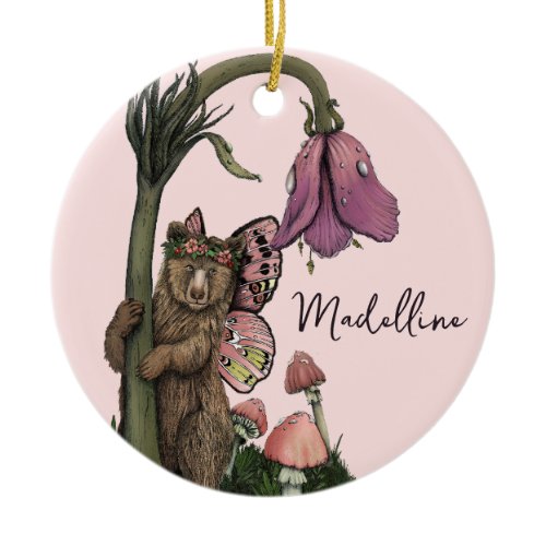 Cute Pink Grizzly Bear Fairy in Woodland Forest Ceramic Ornament